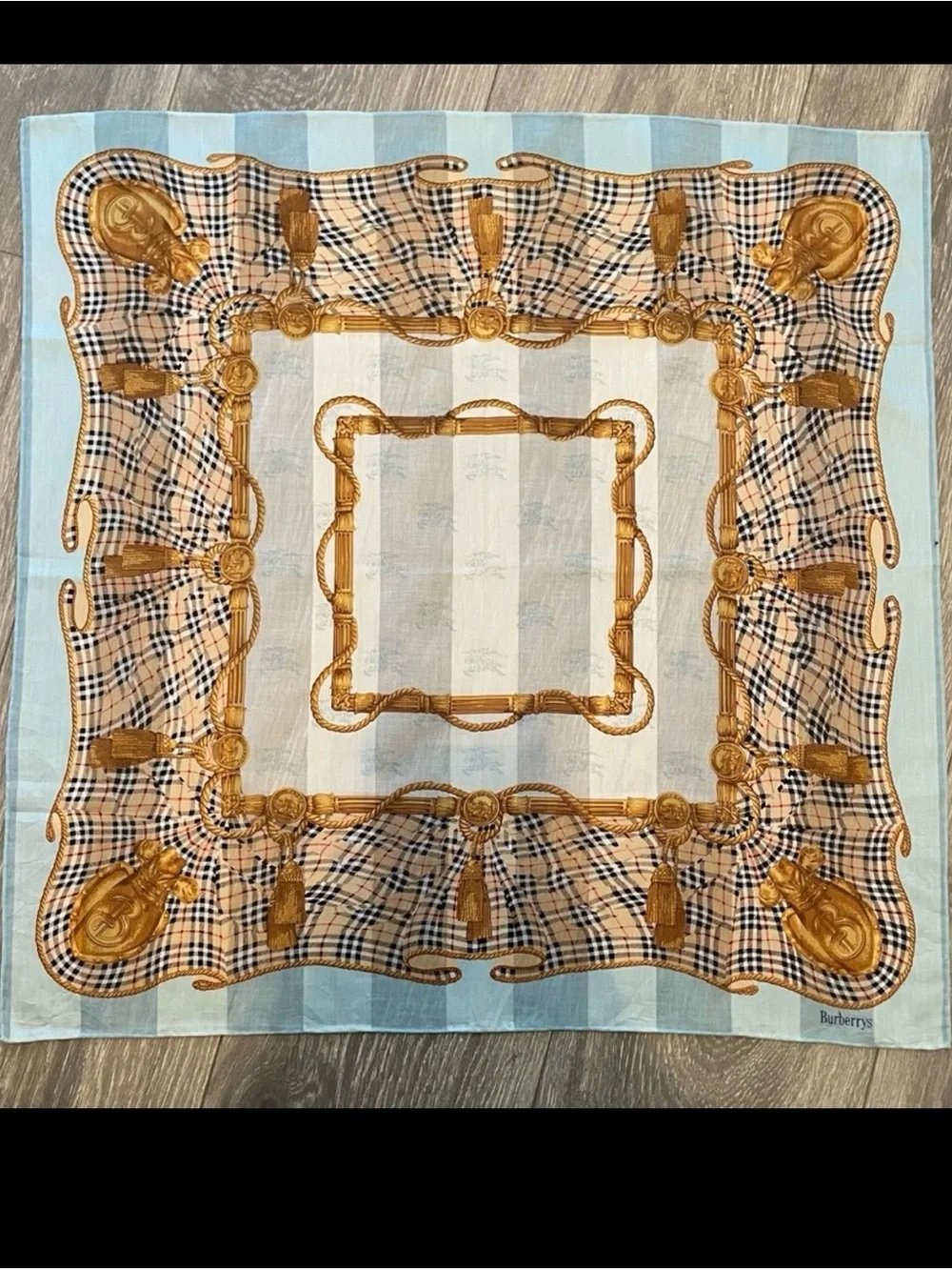 Burberry Light Blue Tan & Black Plaid Crest Silk Scarf new scarf